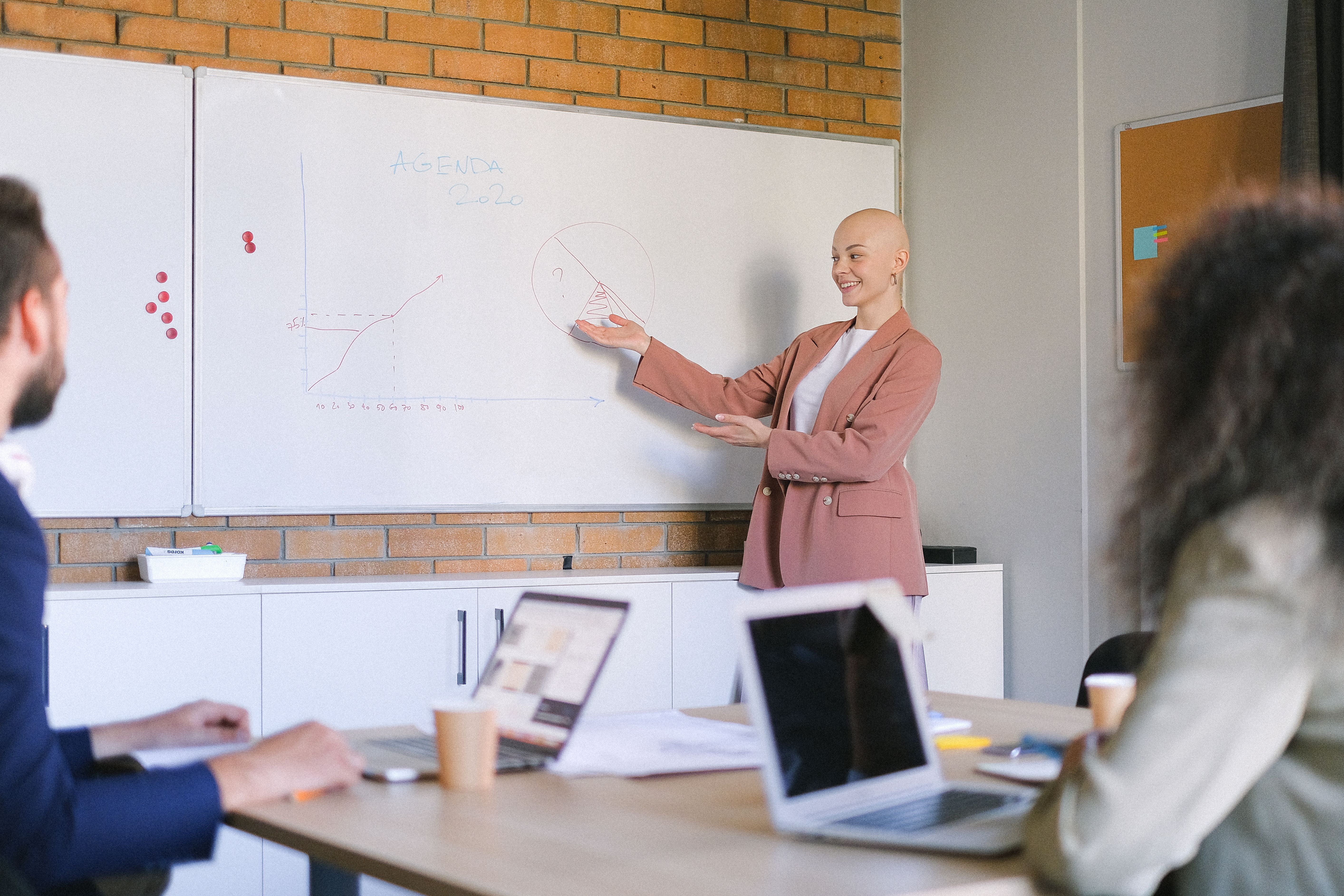 Frau erklärt einem Team am Whiteboard einen Ablauf, die anderen hören am Tisch zu