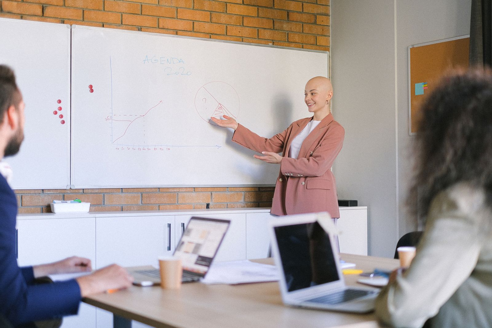 Frau erklärt einem Team am Whiteboard einen Ablauf, die anderen hören am Tisch zu