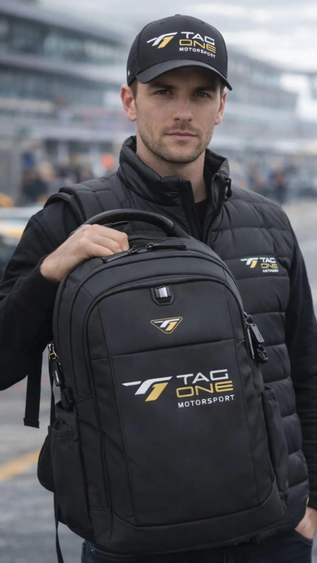 Sac à dos, veste et casquette Tag One Motorsport sur piste
