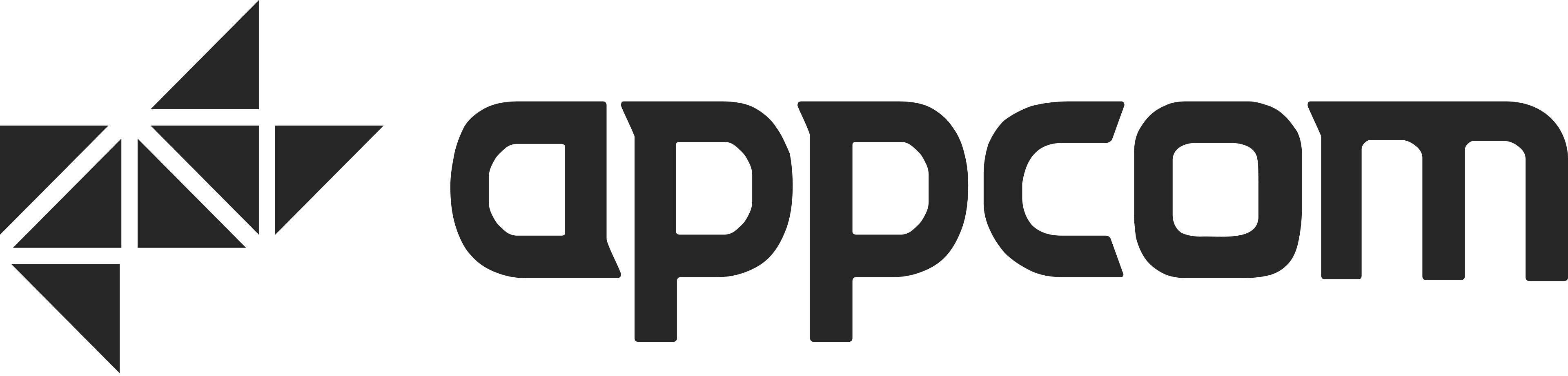 Logo d'appcom avec un symbole géométrique composé de triangles noirs à gauche du texte.