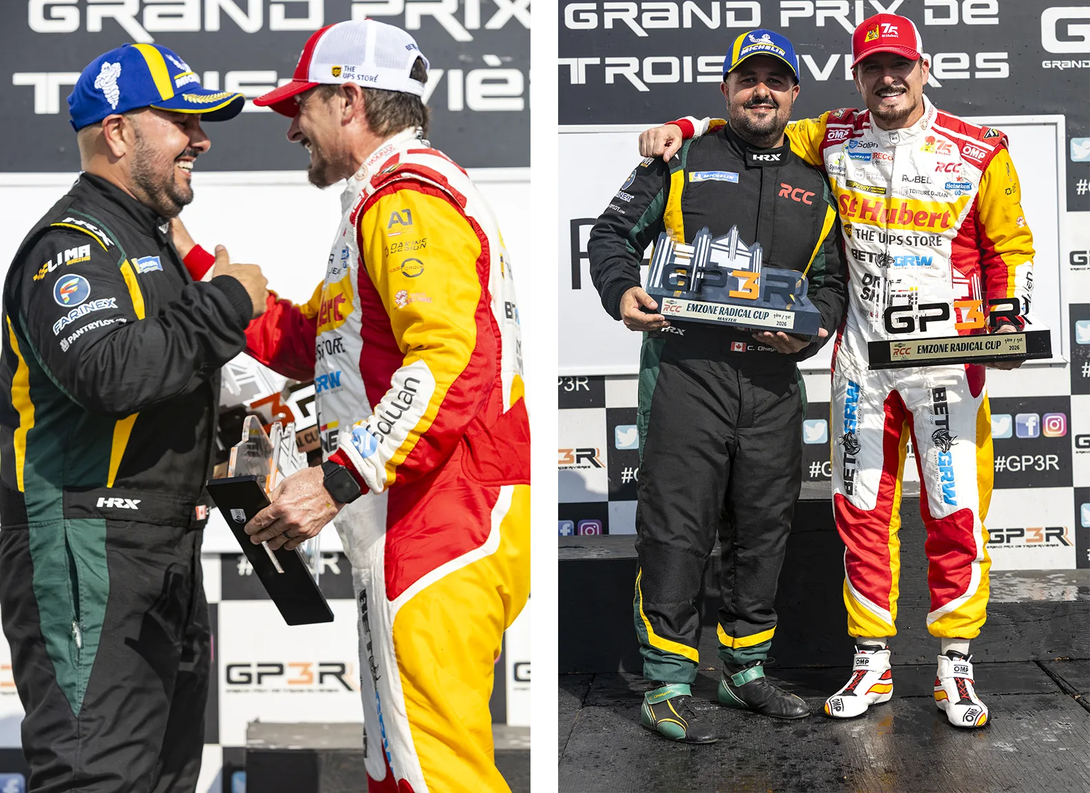 Alex Tagliani et Cédric Ohayon célèbrent sur le podium du Grand Prix de Trois-Rivières avec leurs trophées