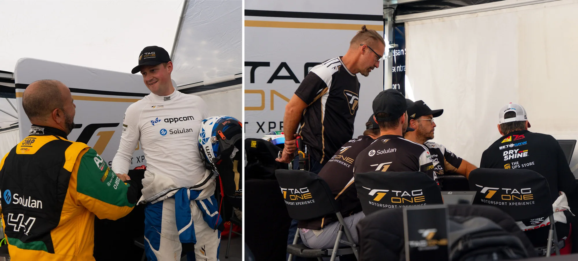 Tag One Motorsports drivers and crew under the team tent at Circuit Mont-Tremblant