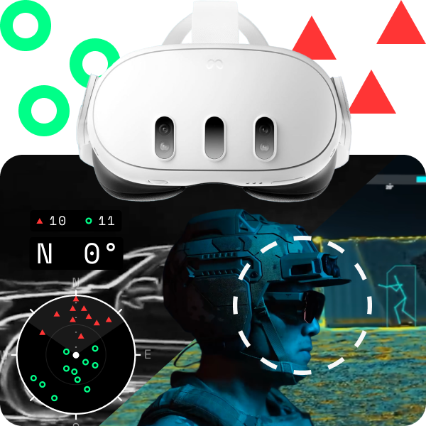 White virtual reality headset above a soldier wearing a tactical helmet and sunglasses, with digital targeting graphics including radar with red and green markers and compass data overlaid on a nighttime outdoor scene.