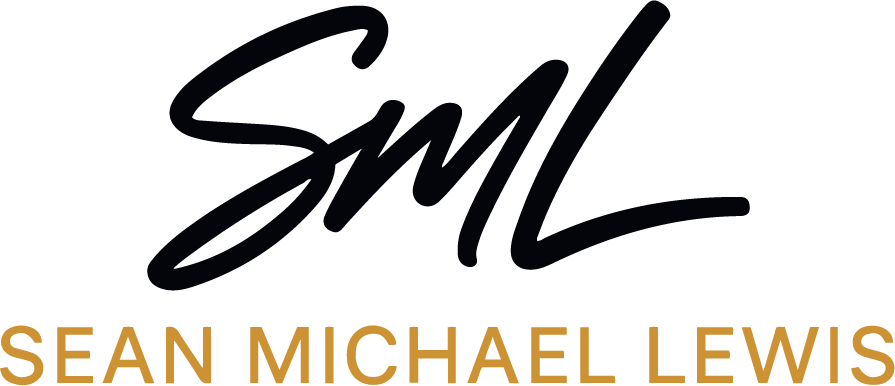 Stylized initials 'SML' in black script above the name Sean Michael Lewis in gold capital letters.