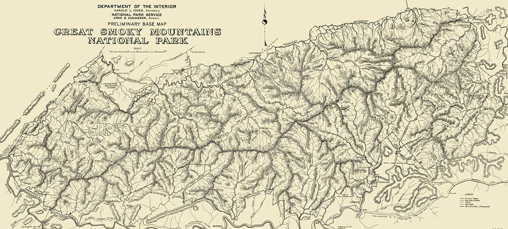 Old map of the Smoky Mountains National Park.