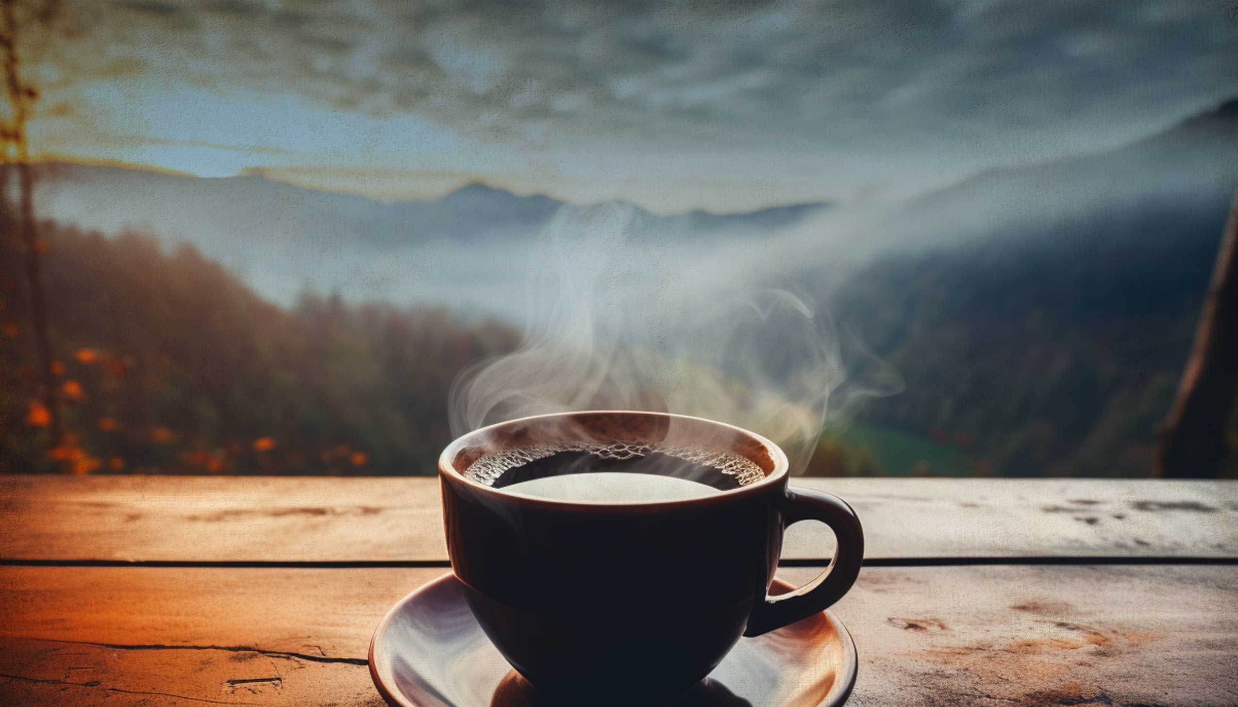 A bag of Mountain Brothers General Store coffee and cup sitting on a picnic table with the Smoky Mountains in the background.