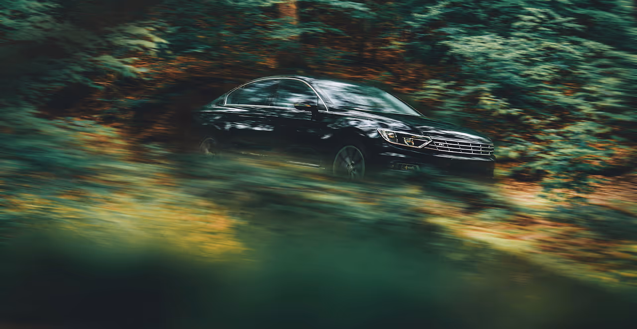 Black car driving through a blurred forest with green and yellow foliage.