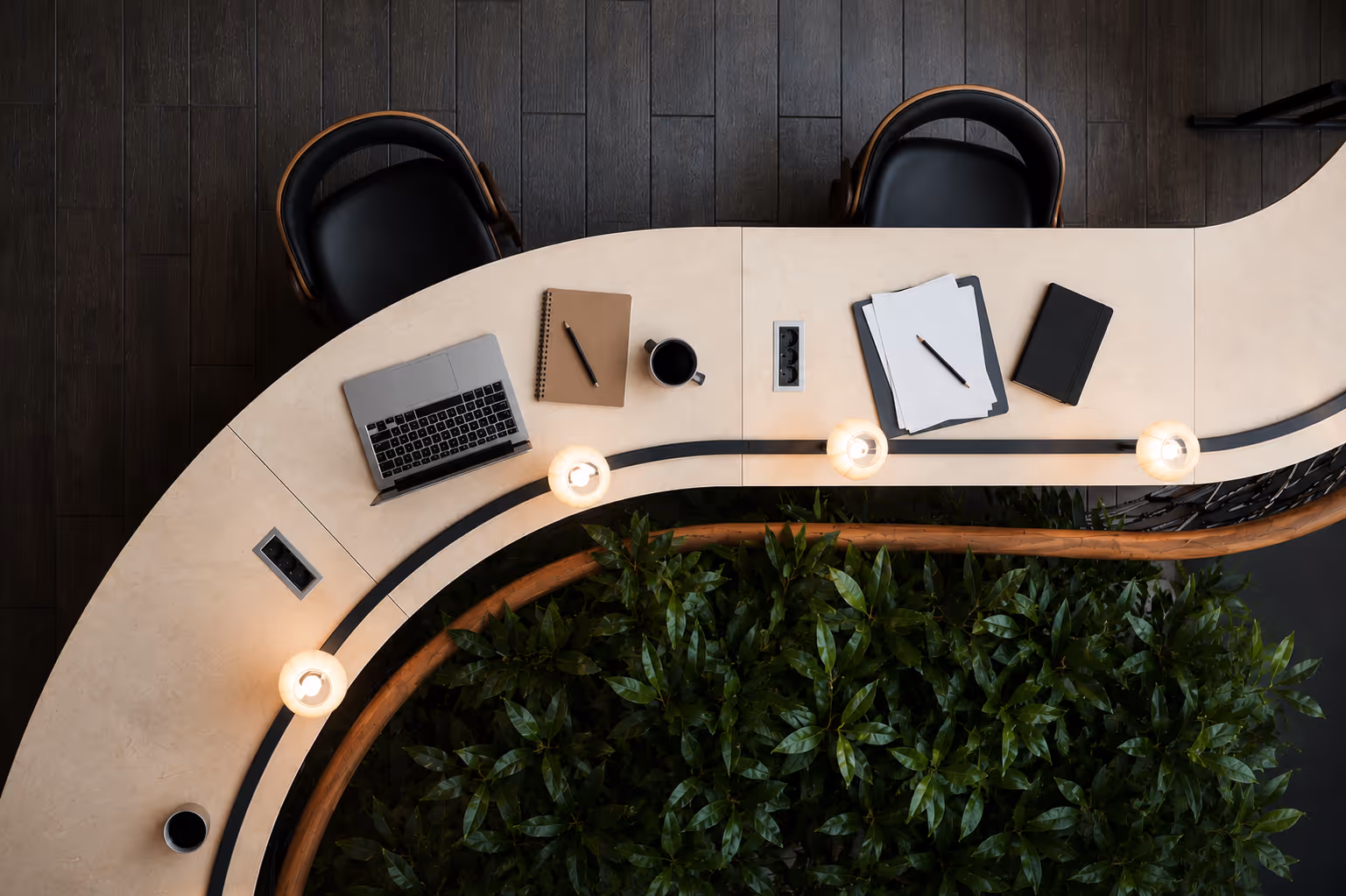 Top view of a curved desk with two chairs, laptop, notebooks, coffee cups, papers, and indoor plants below.