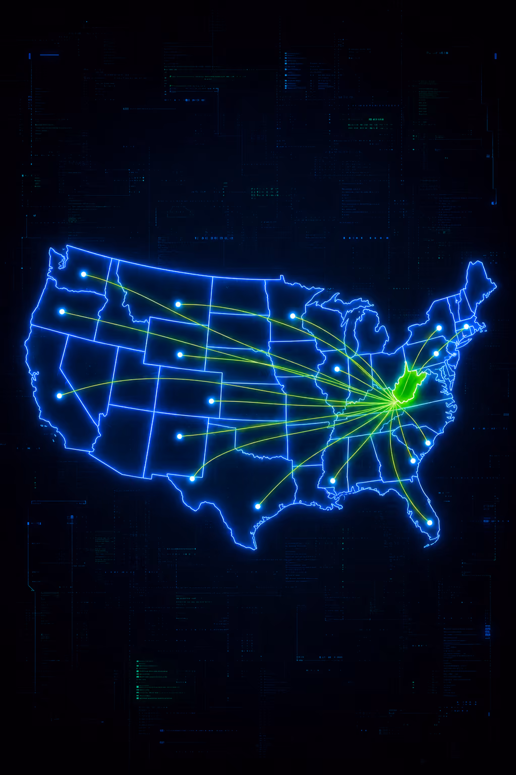 Neon map of the USA with glowing green lines radiating from West Virginia to multiple states.