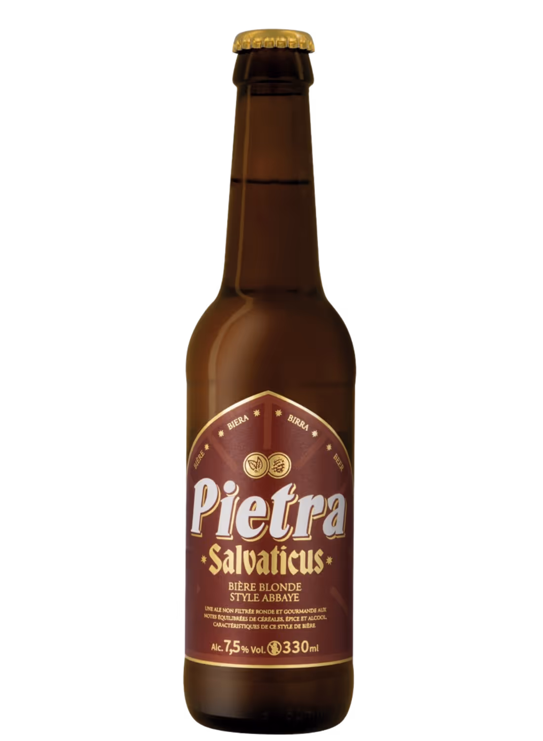 Bouteille de bière blonde Pietra Salvaticus style abbaye de 330 ml avec une étiquette marron foncé.