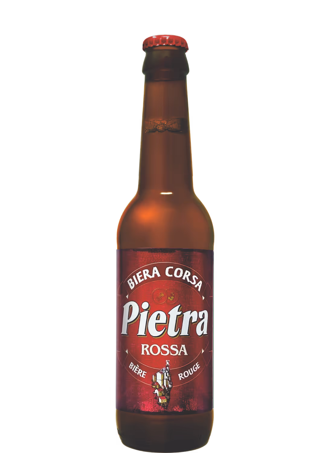 Bouteille de bière Pietra Rossa avec étiquette rouge indiquant Biera Corsa et bière rouge.
