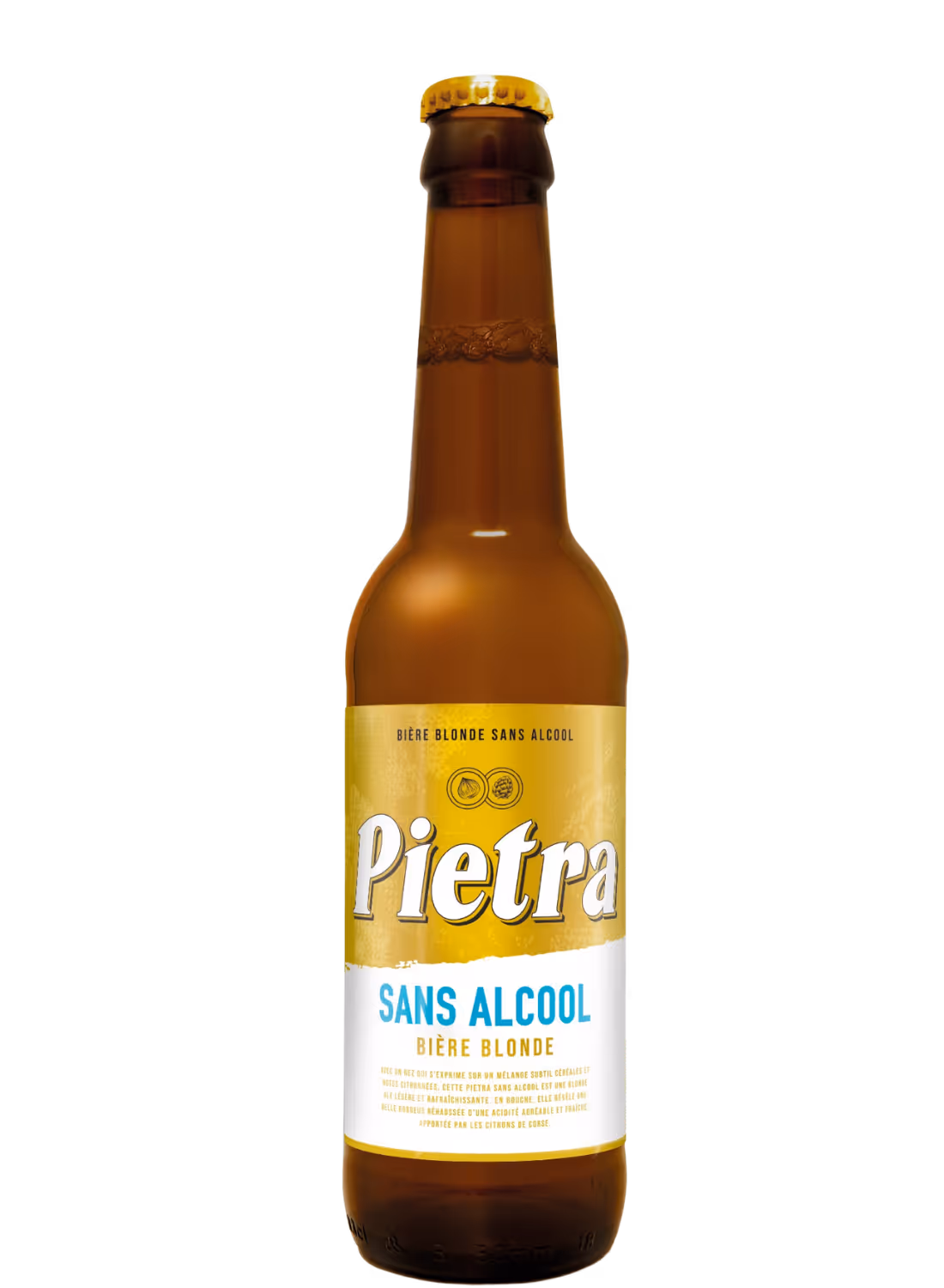 Bouteille de bière blonde sans alcool Pietra avec étiquette jaune et blanche.