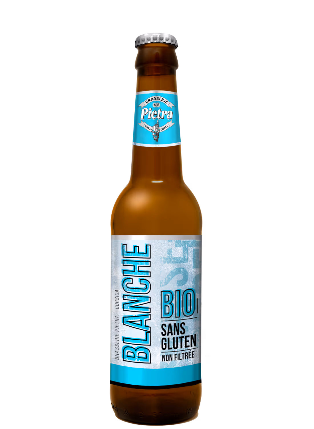 Bouteille de bière blanche Bio sans gluten non filtrée de la brasserie Pietra en Corse.