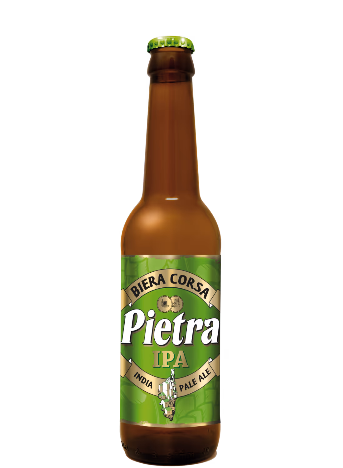 Bouteille de bière Pietra IPA Corse avec étiquette verte indiquant India Pale Ale.