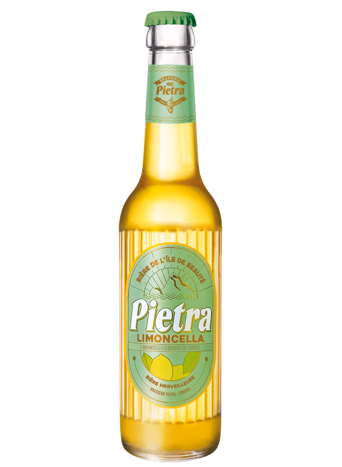 Bouteille de Pietra Limoncella, bière blonde à la limonade et citron de Corse avec étiquette verte et capsule verte.