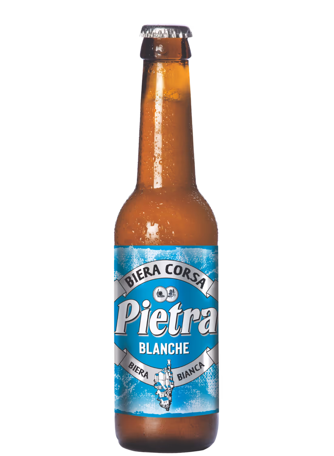 Bouteille de bière Pietra Blanche avec étiquette bleue indiquant « Biera Corsa » et une carte de la Corse.