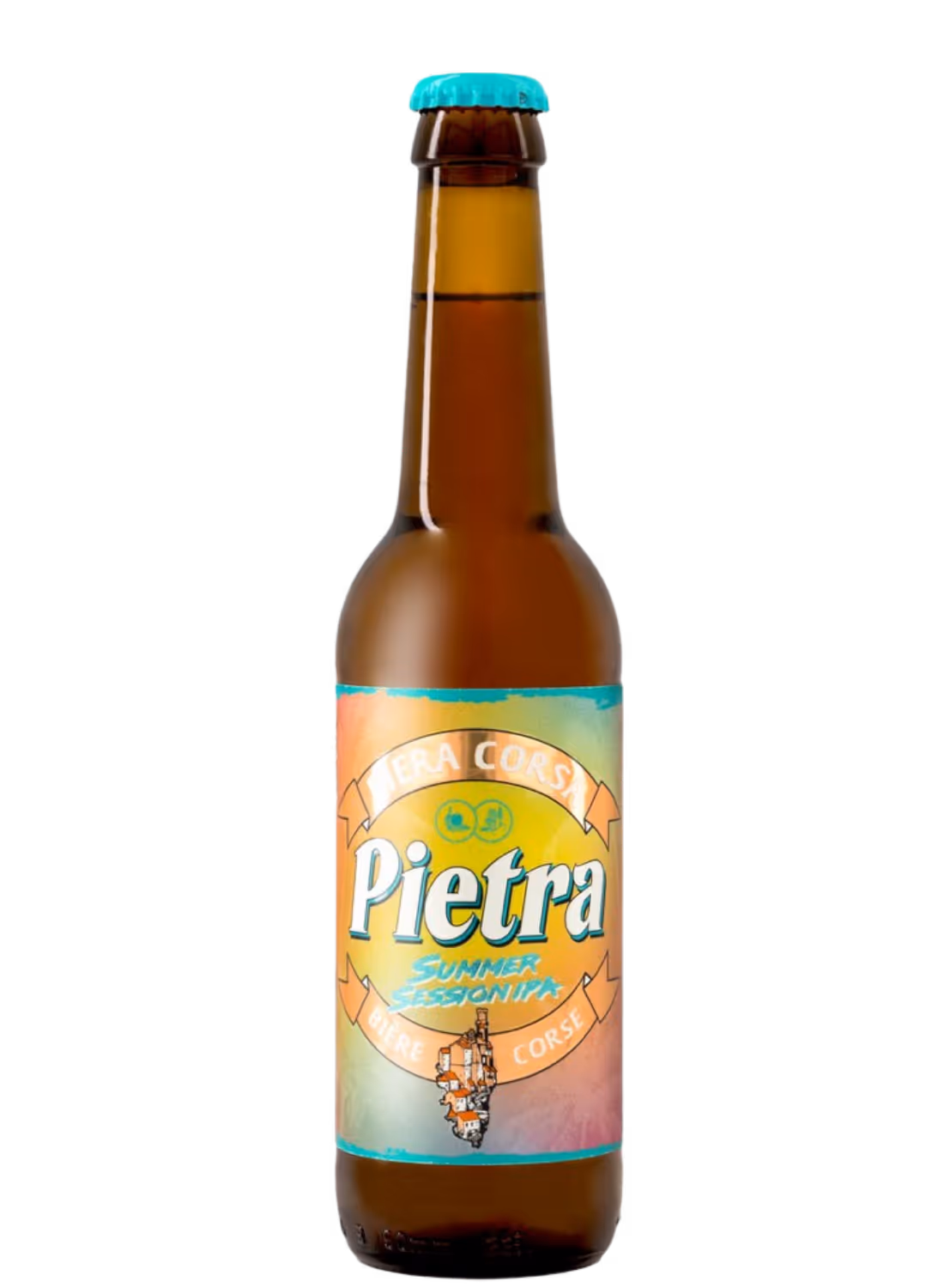 Bouteille de bière Pietra Summer Session IPA avec étiquette colorée pastel.