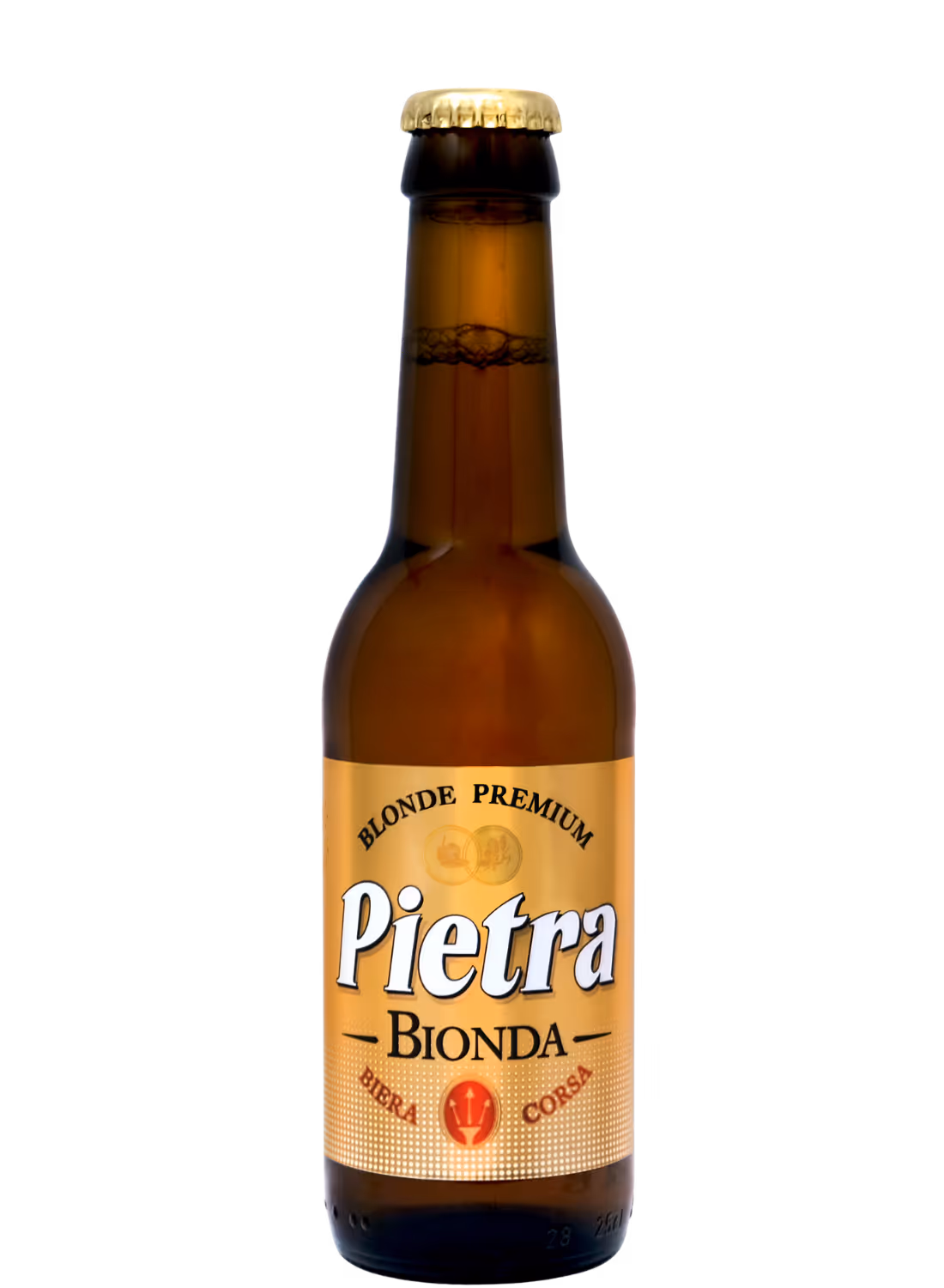 Bouteille de bière blonde premium Pietra Bionda avec étiquette dorée, mentionnant Biera Corsa.