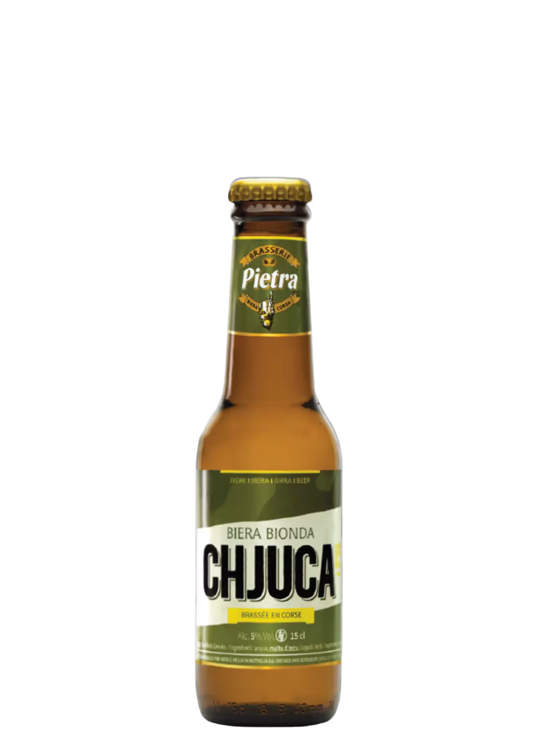 Bouteille de bière blonde Serena avec gouttes de condensation sur la bouteille.