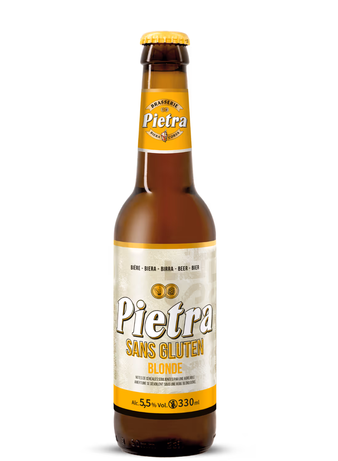 Bouteille de bière blonde biologique sans gluten non filtrée de la Brasserie Pietra avec étiquette jaune et blanche.