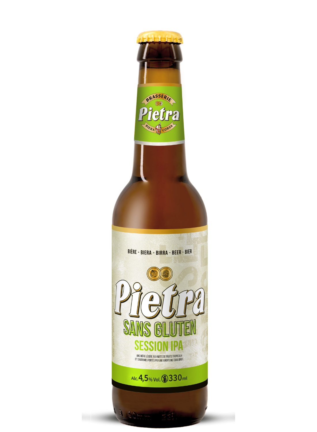 Bouteille de bière Pietra Session IPA bio, sans gluten et non filtrée.