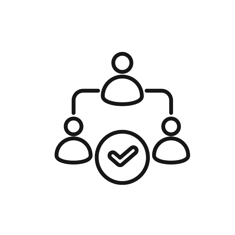 Icon of three connected people with a checkmark symbol, representing approved or verified collaboration.