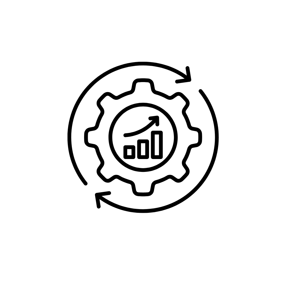 Gear icon with a growth chart inside and two circular arrows representing process improvement or development.