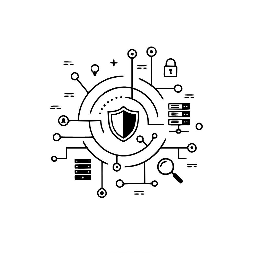 Digital security concept with shield at center connected by lines to icons of lock, servers, light bulb, and magnifying glass.