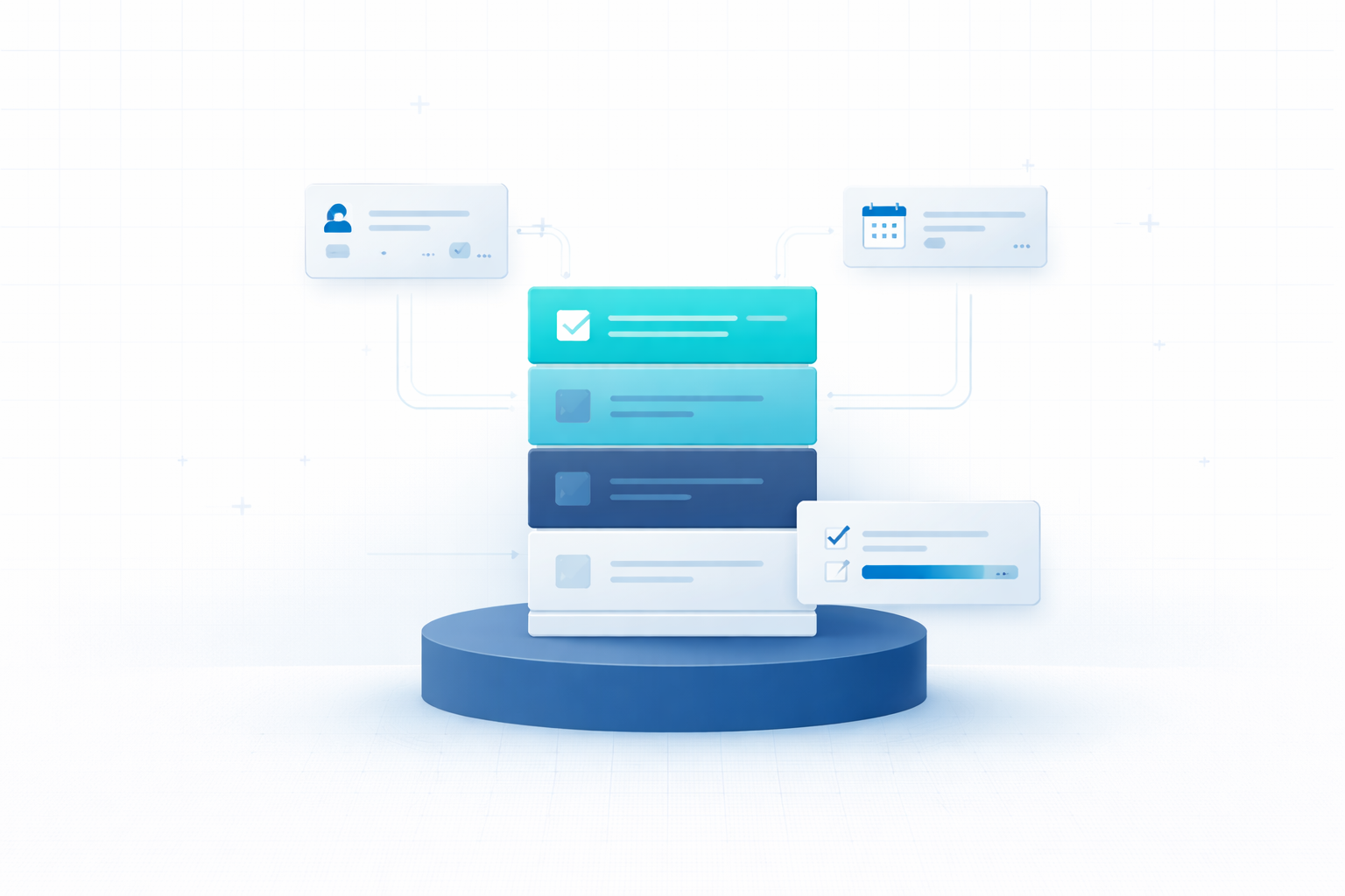 Stacked layered interface cards with checkboxes and icons displayed on a blue circular platform with connecting arrows to profile and calendar elements.