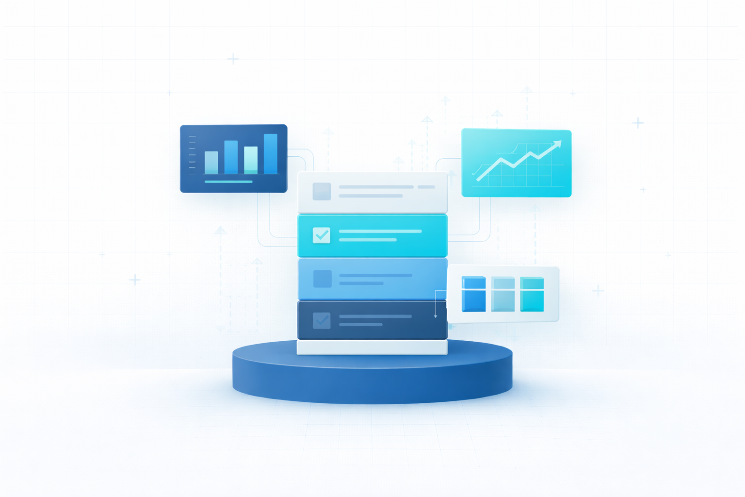 3D illustration of stacked data cards on a blue platform with connected charts including bar graphs and line charts floating around.
