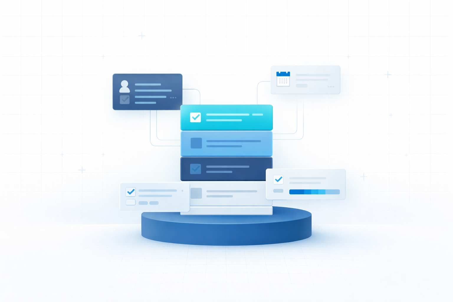 3D illustration of floating digital task cards with check marks and user icons arranged above a blue circular platform.
