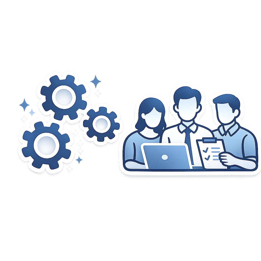 Illustration of three people working together with a laptop and checklist next to three interlocking gears symbolizing teamwork and process management.