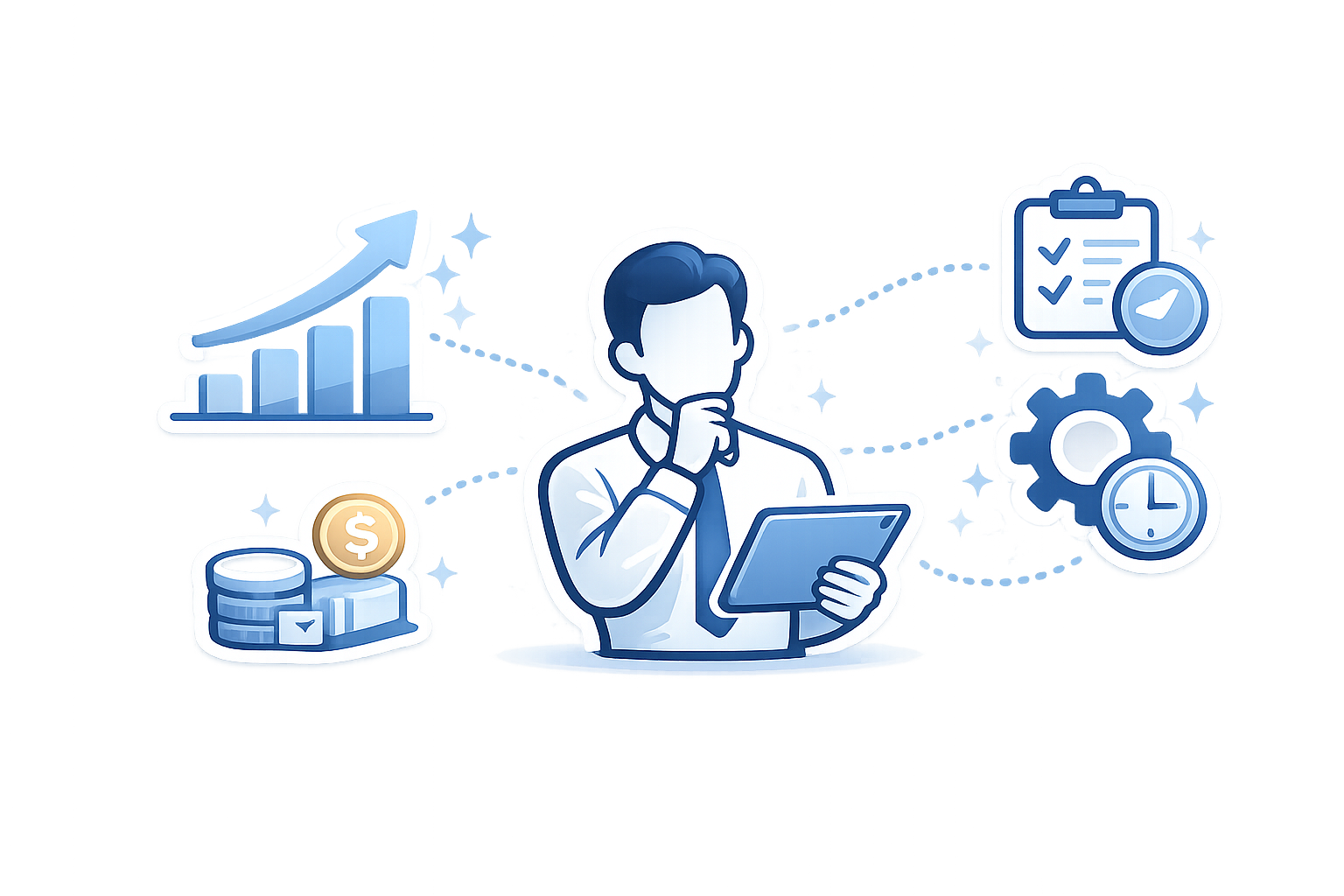 Illustration of a person holding a tablet and thinking, surrounded by icons of a rising bar graph, money and coins, a checklist, a gear, and a clock, representing business analysis and productivity.