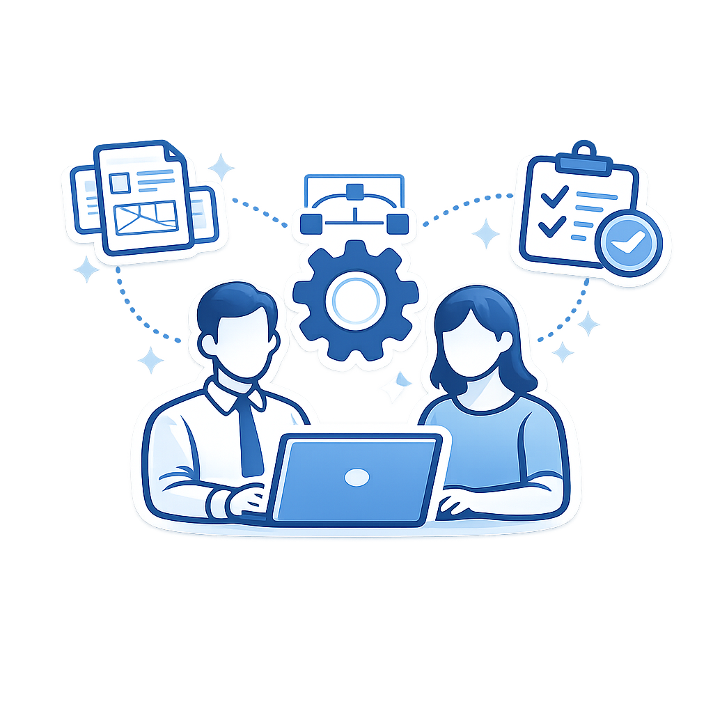 Illustration of a man and woman collaborating on a laptop surrounded by icons of documents, a gear with a flowchart, and a checklist symbolizing workflow and teamwork.