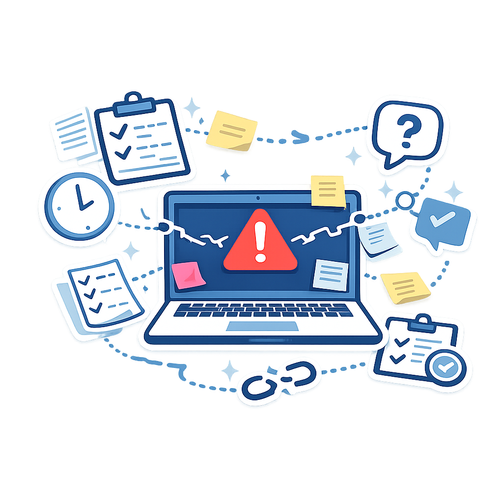 Illustration of a laptop with a red warning triangle on screen surrounded by checklists, clock, question mark, and broken chain link icons.