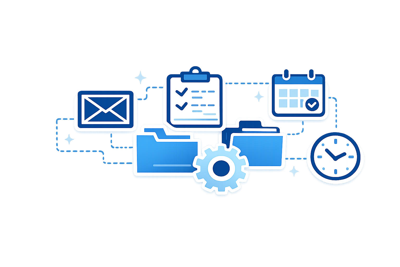 Blue-themed digital icons representing email, clock, calendar, computer, folder, text box, and gear interconnected by lines.
