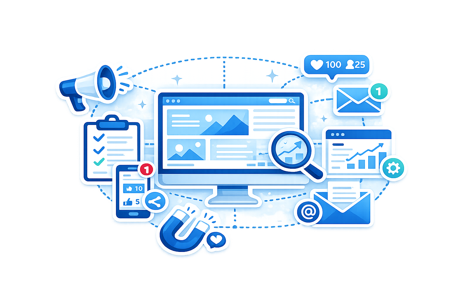Illustration of a laptop with multiple overlapping browser windows and a chat bubble icon, representing software or web development and settings.