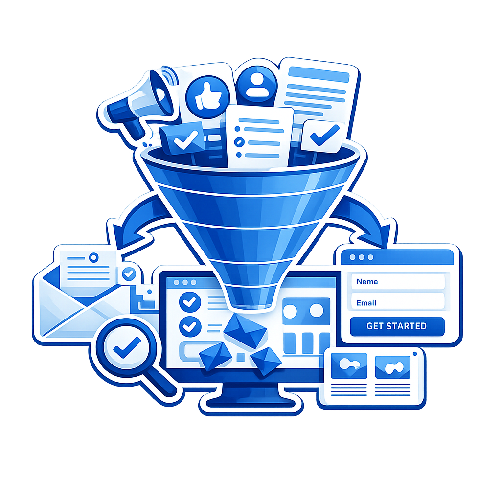 Computer monitor displaying data charts and graphs with a magnifying glass highlighting an email workflow diagram.