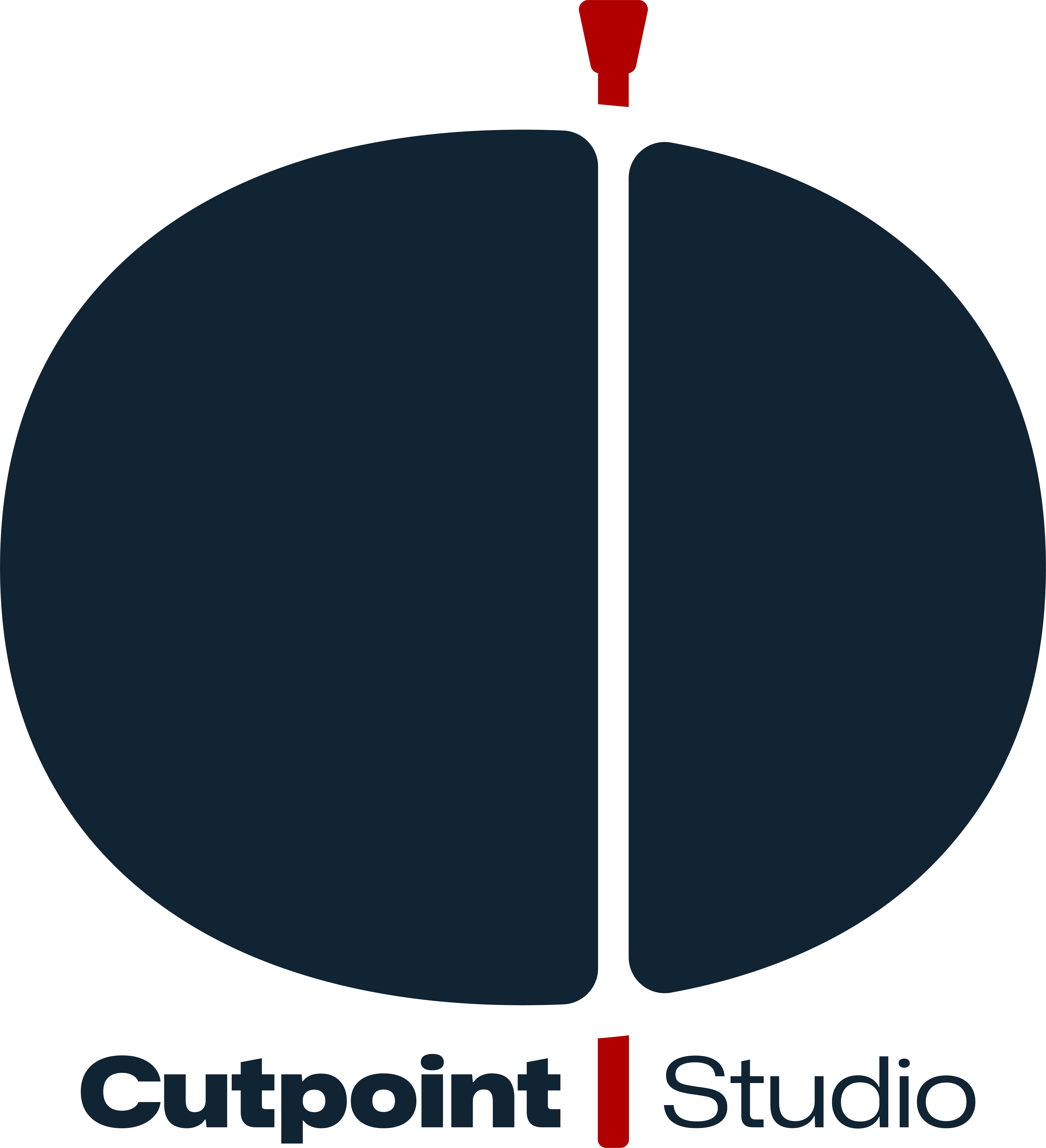 Cutpoint Studio logo featuring a stylized dark blue split circle with a small red vertical rectangle in the center and the text 'Cutpoint Studio' below.