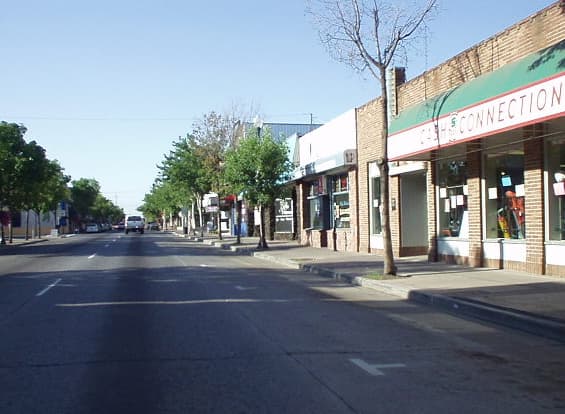 Empty street with small businesses and trees lining both sides under a clear sky.