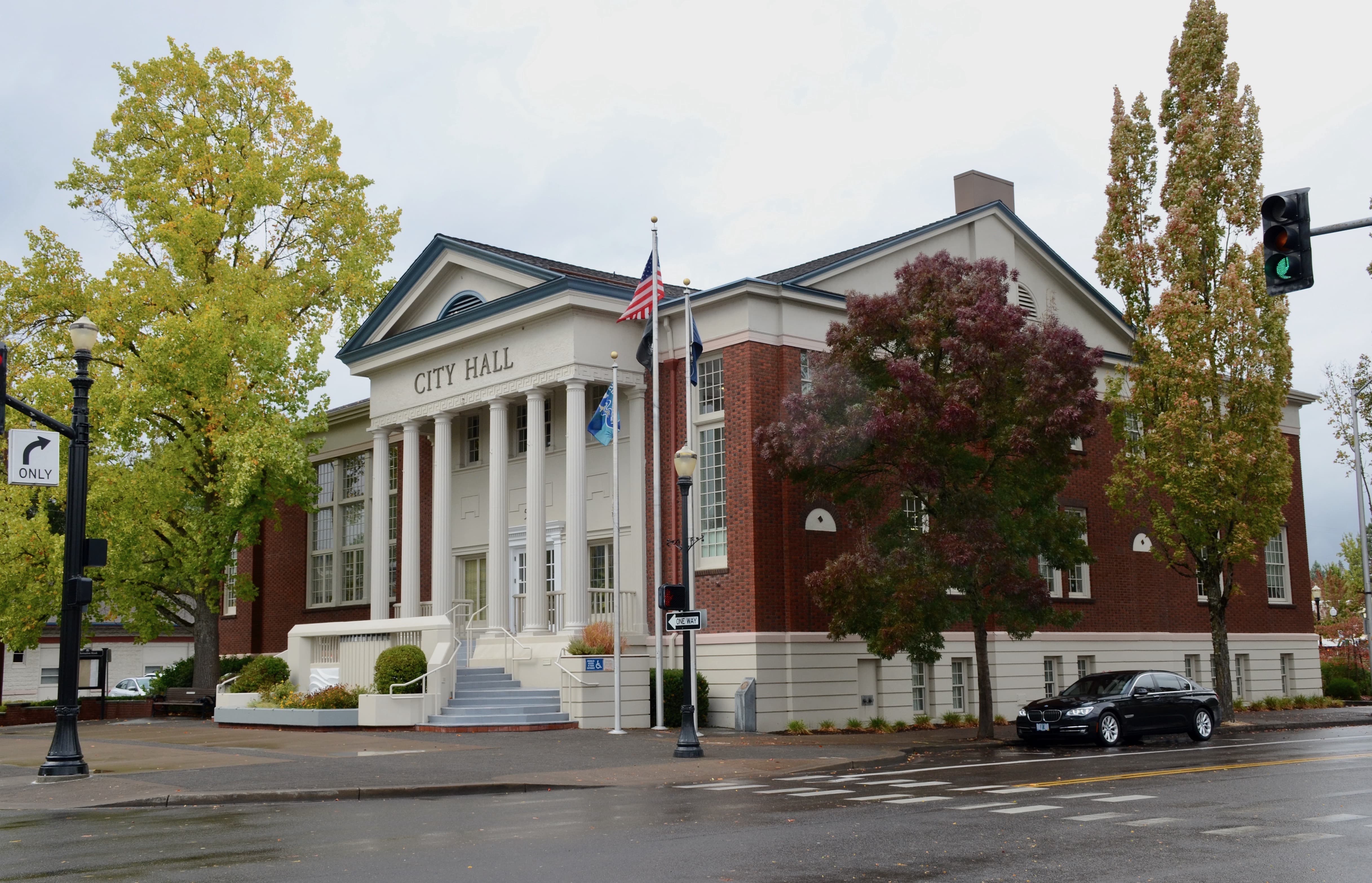 Brick City Hall building with white columns, flags, and autumn trees on a rainy day.