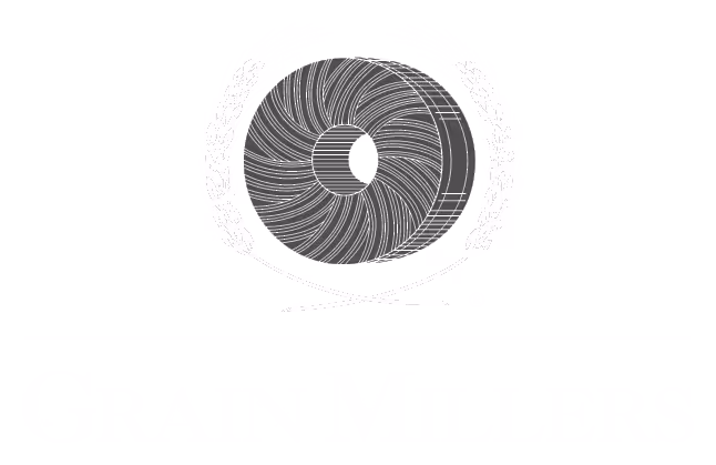 Circular grain millstone with etched swirl pattern, flanked by two stylized wheat stalks.