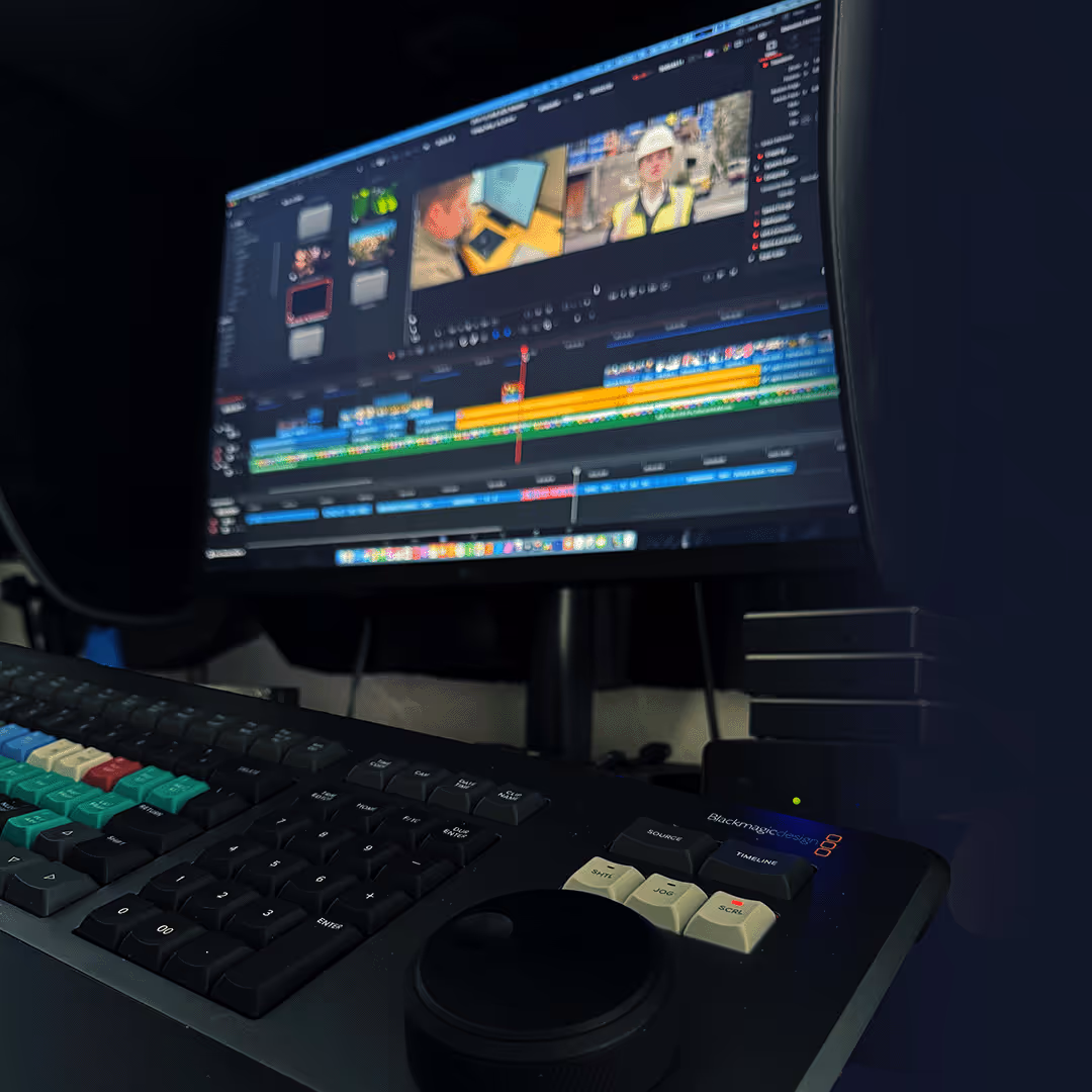 Close-up of a Blackmagic Design video editing keyboard and control dial in front of a monitor displaying video editing software with a timeline and preview window.