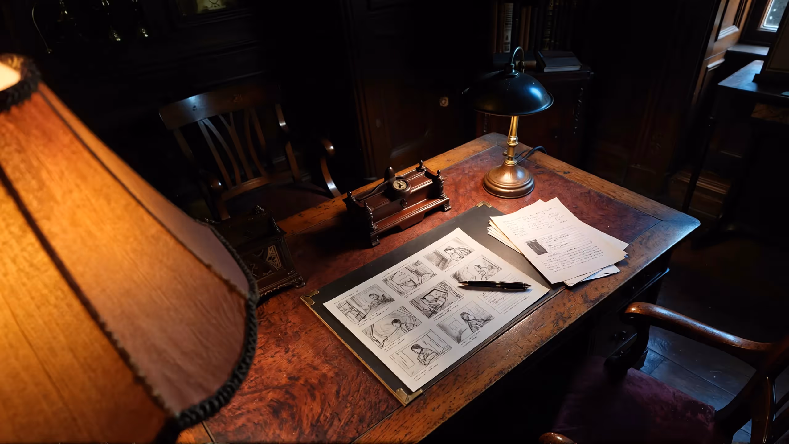 Wooden desk with sketches, notes, a pen, a vintage lamp, and a wooden chair in a dimly lit room.