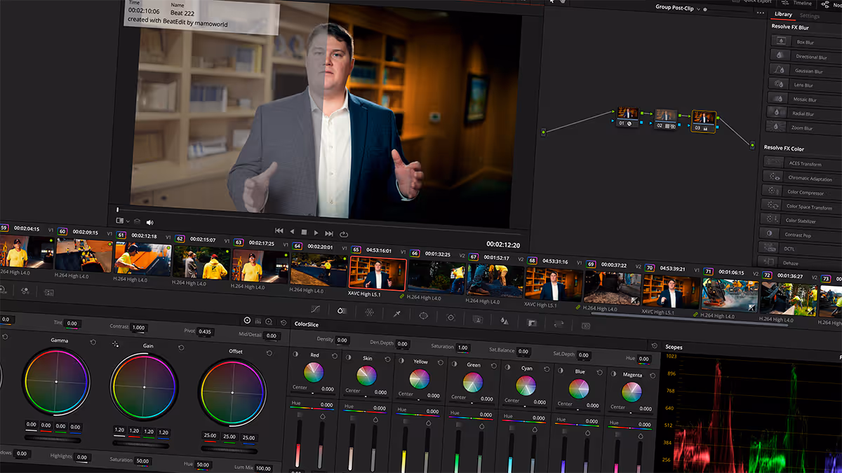 Video editing software interface showing a man speaking halfway color graded, with color correction tools and video timeline below.