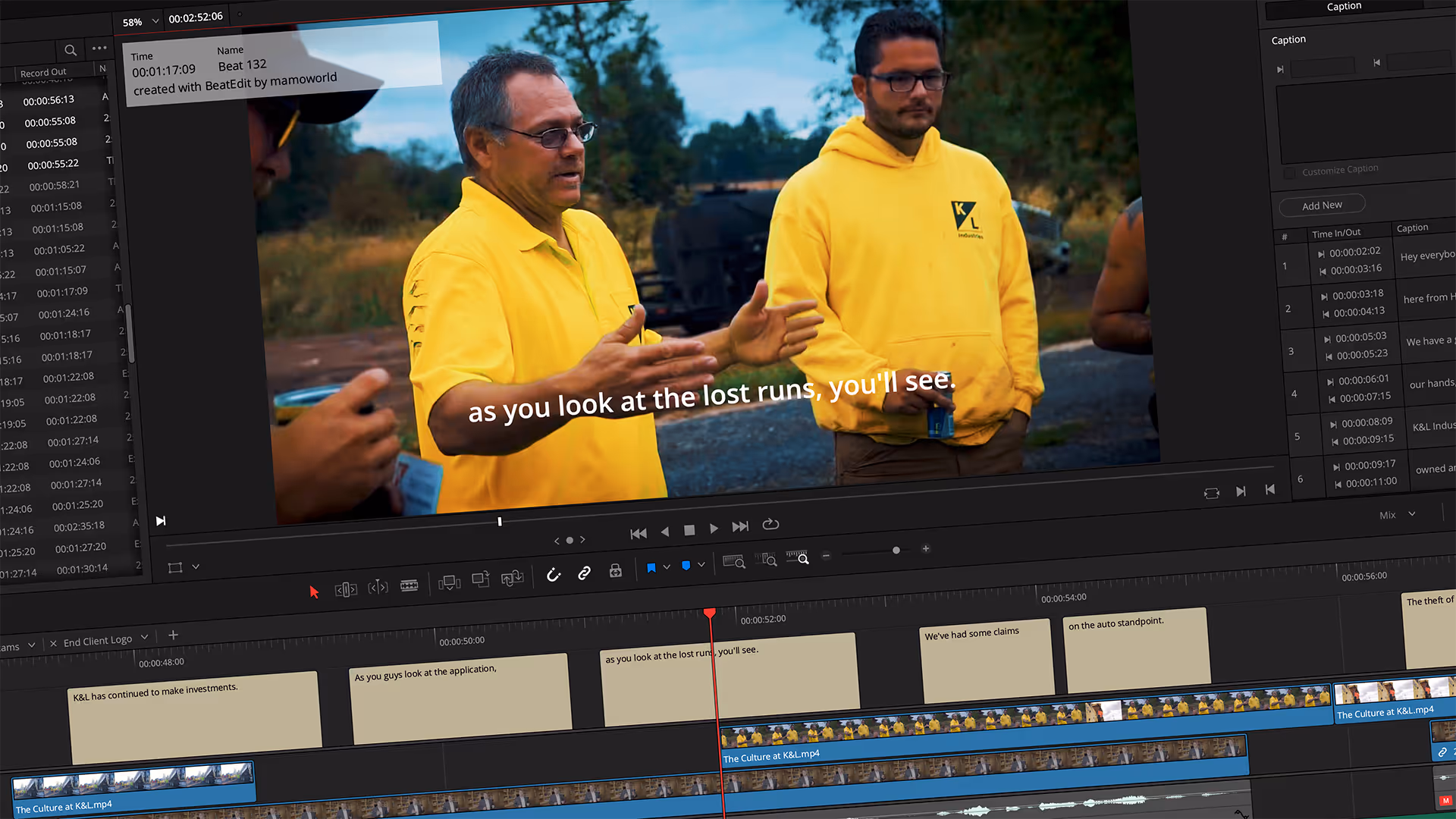 Video editing software interface showing a clip of two men in yellow K&L Industries shirts discussing with captions on screen.