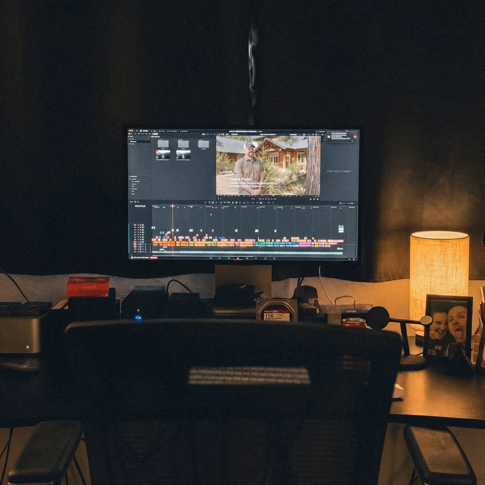Dark workspace with a computer monitor displaying a video editing timeline and preview, next to a lit lamp and a photo frame on a desk, inside the editing suite at Cutpoint Studio located in Eugene, Oregon.
