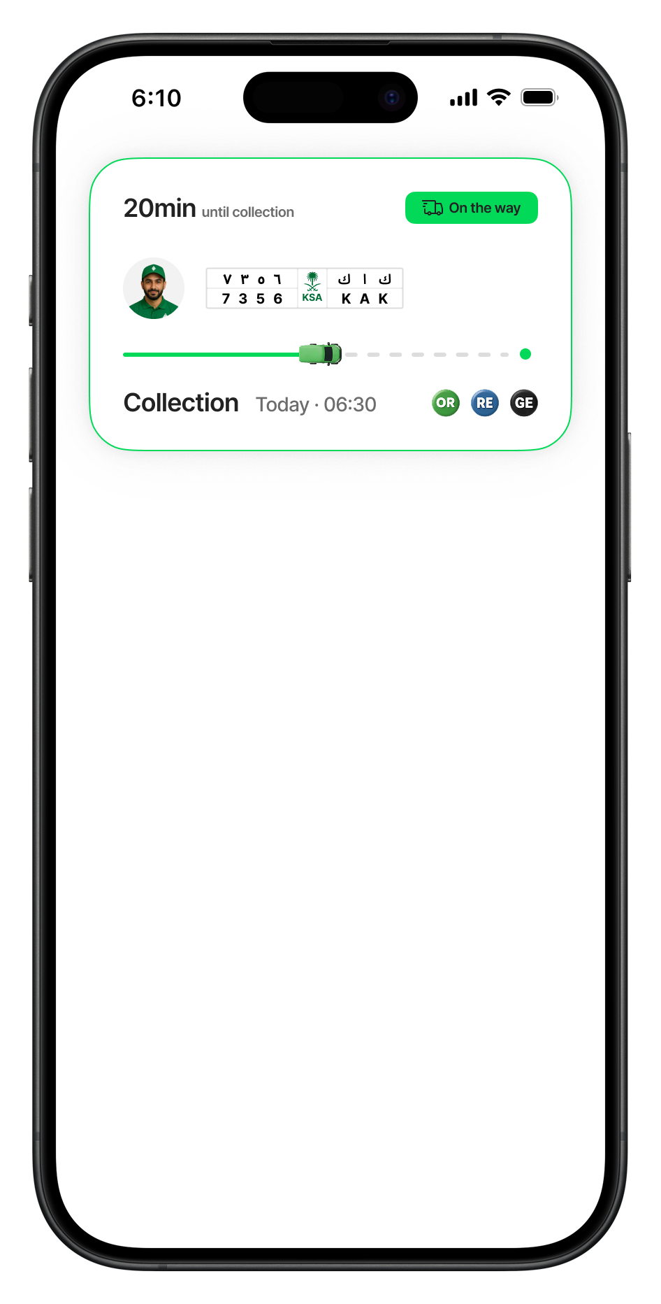 The Green Hayat app interface in Arabic on a smartphone. It shows a collection vehicle arriving in 20 minutes, the driver's profile, a vehicle tracking progress bar, and the GE, RE, and OR waste category icons.