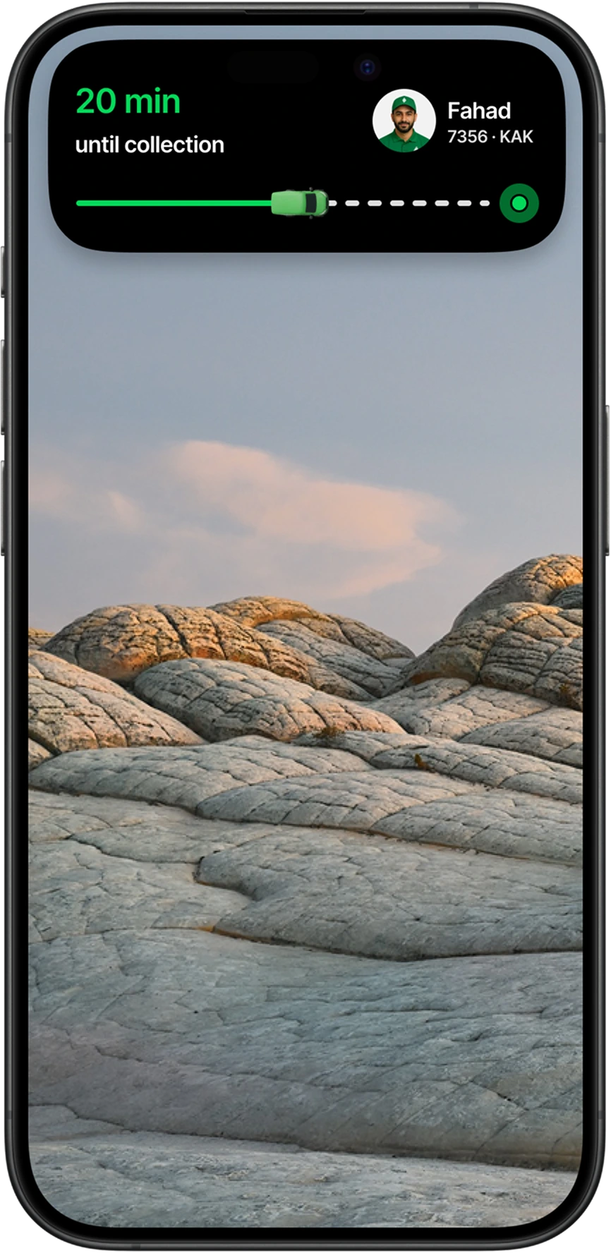 A smartphone displaying a black live tracking widget at the top of the screen. It shows '20 min until collection' in green and white text, a profile picture of the driver named Fahad with his vehicle details, and a green progress bar with a small truck moving towards its destination.