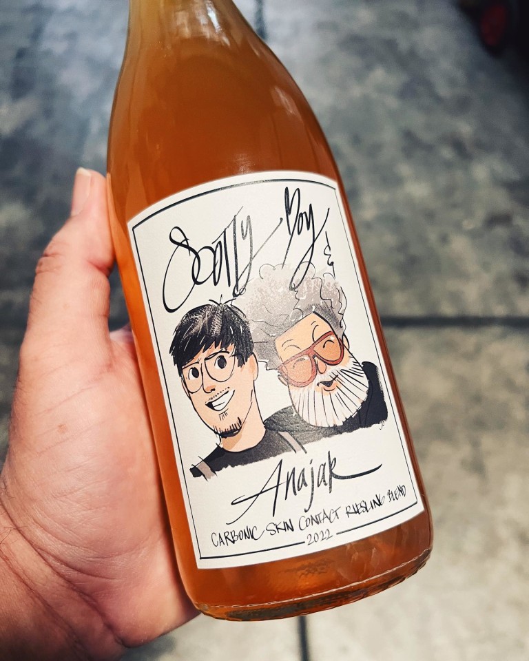 A custom Anajak collaboration cuvée — 'Scotty Boy' Carbonic Skin Contact Riesling Blend 2022, with a hand-drawn cartoon label
